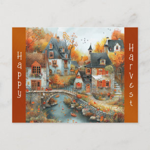 Autumn Village Bridge Illustration Holiday Postcard