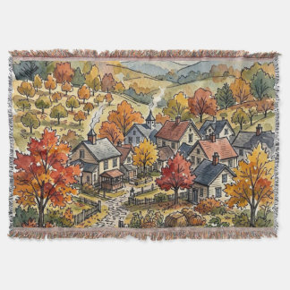 Autumn Village Scenic Watercolor Fall Landscape Throw Blanket