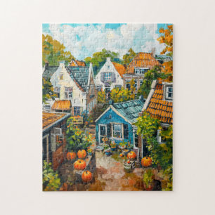 Autumn Village with Pumpkins and Cottages Painting Jigsaw Puzzle