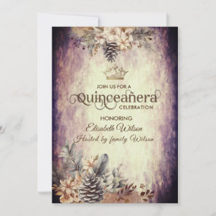 Autumn vintage elegant floral tiara Quinceañera Invitation