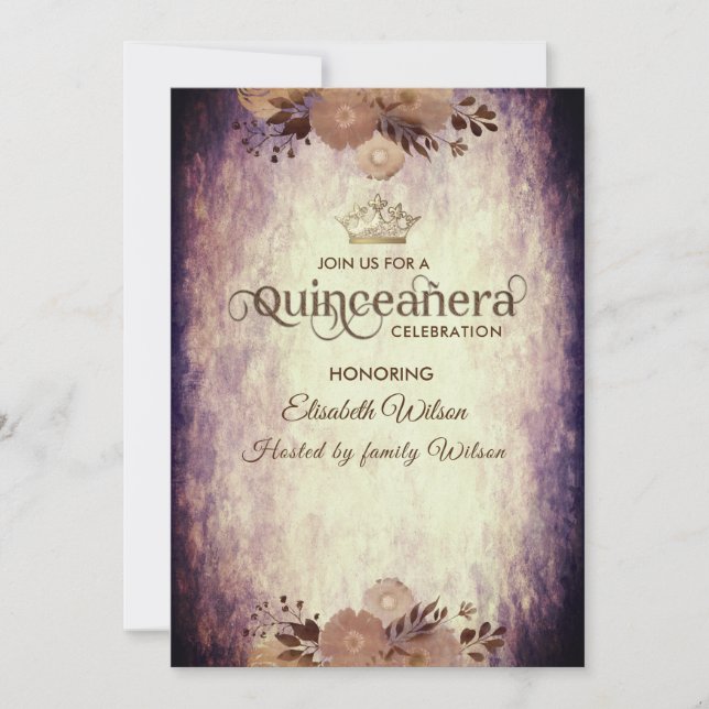 Autumn vintage elegant floral  tiara Quinceañera Invitation (Front)