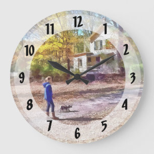 Autumn - Walking the Dog Large Clock