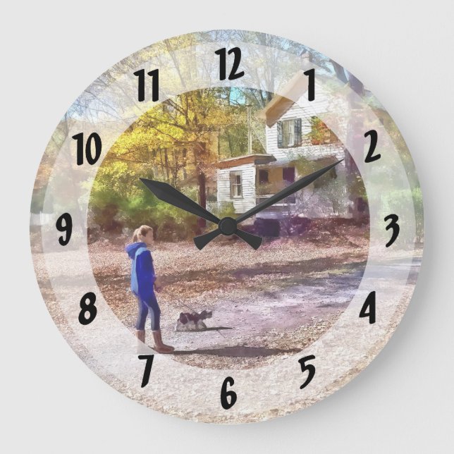 Autumn - Walking the Dog Large Clock (Front)
