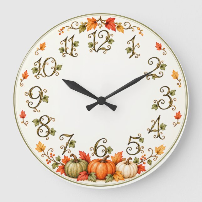 Autumn Wall Clock with Pumpkins & Leaves (Front)
