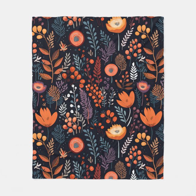 Autumn Warm Orange Flowers Leaves Berries Black Fleece Blanket (Front)