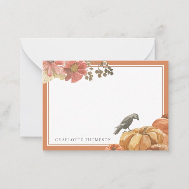 Autumn Watercolor Crow and Pumpkins Custom Name Card (Front)