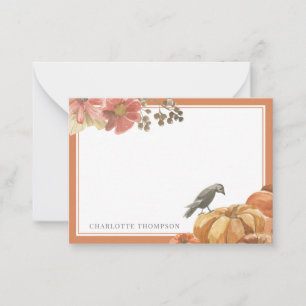Autumn Watercolor Crow and Pumpkins Custom Name Card