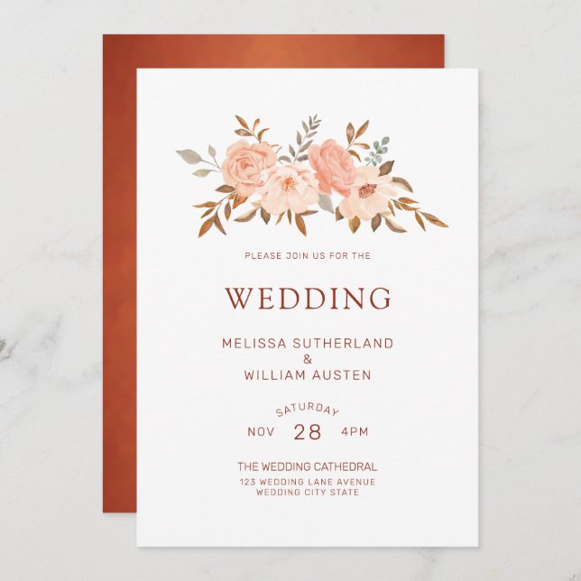 Autumn Watercolor Floral Copper Ivory Wedding Invitation (Front/Back)