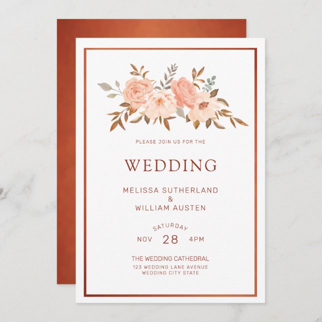 Autumn Watercolor Floral Copper Wedding Invitation (Front/Back)