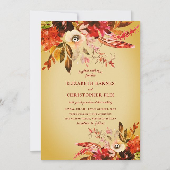 Autumn Watercolor Floral Gold Wash Wedding Invitation (Front)