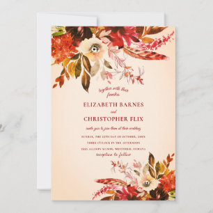 Autumn Watercolor Floral Ivory Blush Wedding Invitation