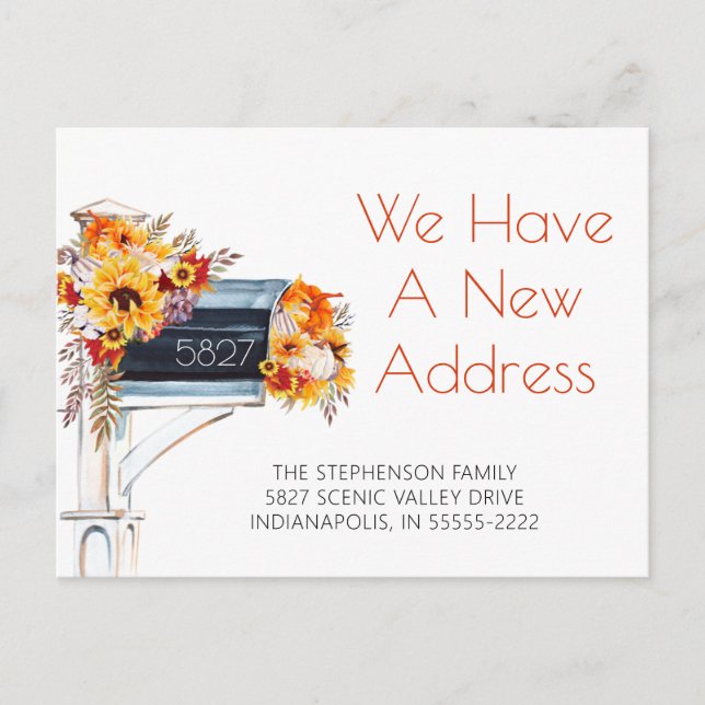 Autumn Watercolor Floral Mailbox New Address Announcement Postcard (Front)