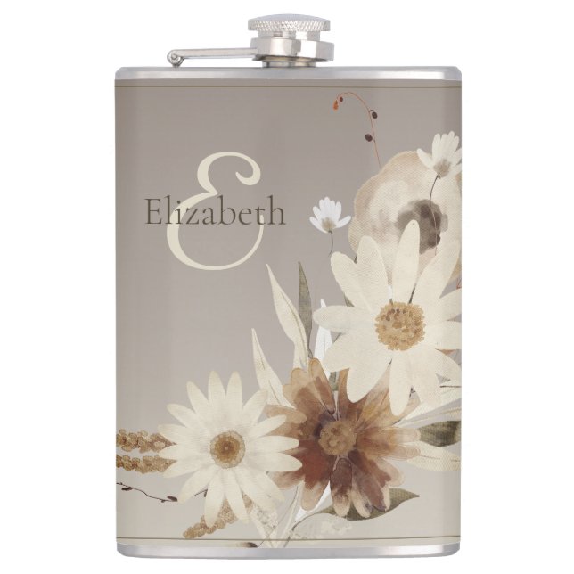 Autumn Watercolor Floral Monogram Hip Flask (Front)