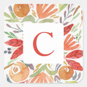 Autumn Watercolor Floral Monogram Square Sticker