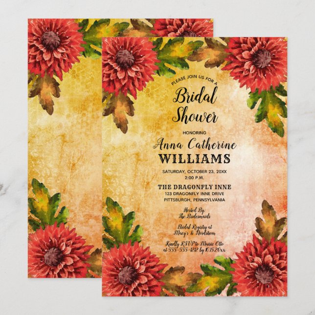 Autumn Watercolor Floral Mums Bridal Shower Invitation (Front/Back)