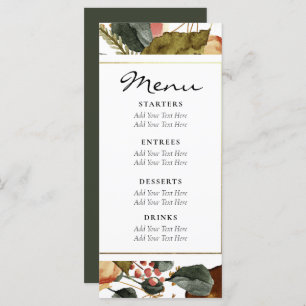 Autumn Watercolor Floral Rustic Dark Green Wedding Menu