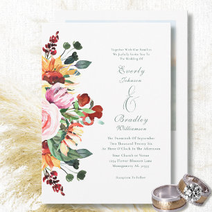 Autumn Watercolor Floral Sunset Burgundy Wedding Invitation
