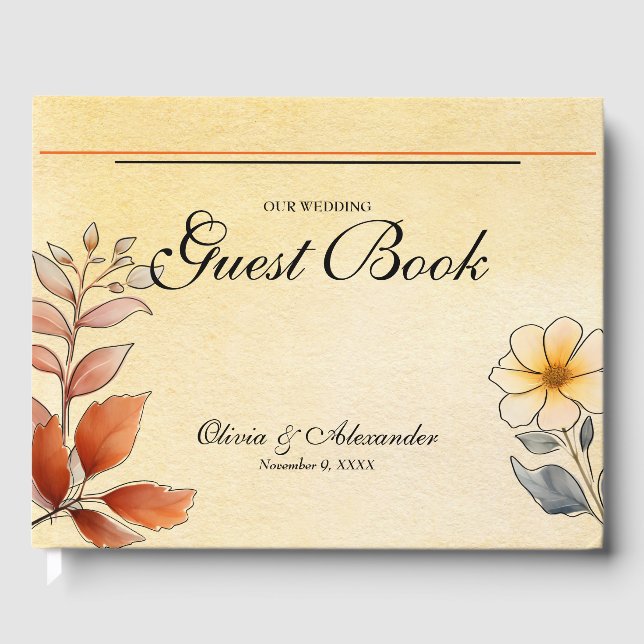Autumn Watercolor Floral Terracotta Yellow Wedding Guest Book (Front)