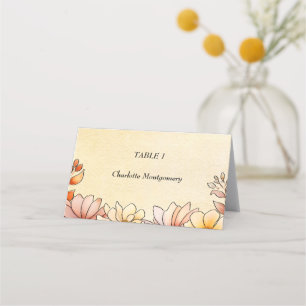 Autumn Watercolor Floral Terracotta Yellow Wedding Place Card