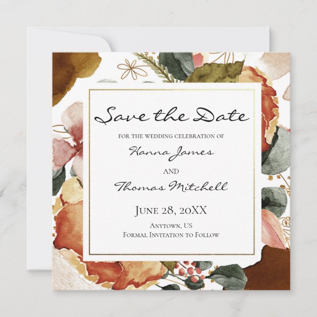 Autumn Watercolor Floral Wedding Save The Date (Front)