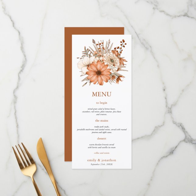 Autumn watercolor florals Foliage Wedding Menu (Front/Back In Situ)