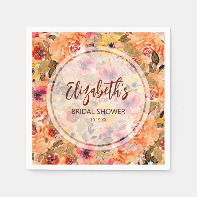 Autumn Watercolor Flowers Bridal Shower Napkin (Front)
