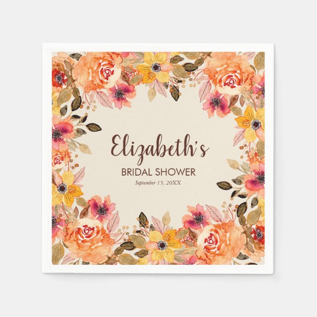 Autumn Watercolor Flowers Bridal Shower Napkin (Front)