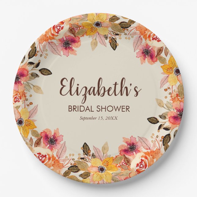 Autumn Watercolor Flowers Bridal Shower Paper Plate (Front)