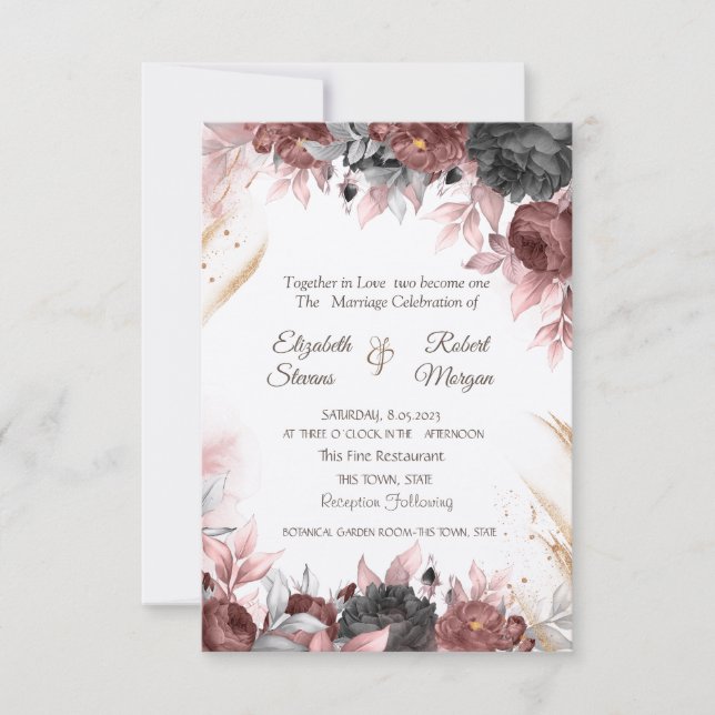 Autumn Watercolor Flowers Chic Wedding  Invitation (Front)