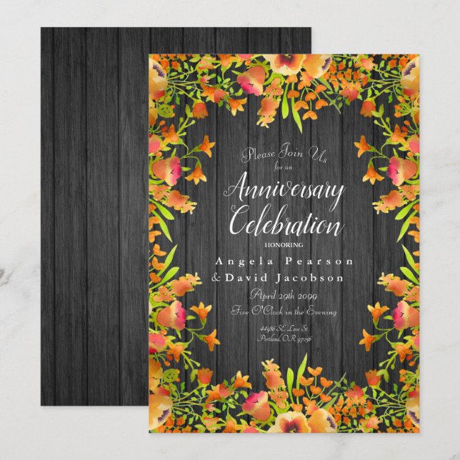 Autumn Watercolor Flowers on Rustic Wood  Invitation (Front/Back)