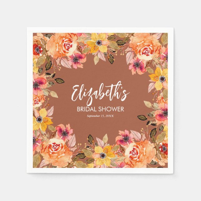 Autumn Watercolor Flowers on Terracotta Napkin (Front)