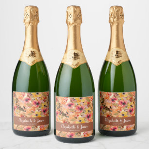 Autumn Watercolor Flowers Wedding Sparkling Wine Label