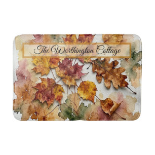 Autumn Watercolor Leaves and Fall Foliage Art Bath Mat