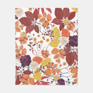 Autumn Watercolor Leaves and Roses Fleece Blanket