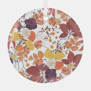 Autumn Watercolor Leaves and Roses Glass Tree Decoration