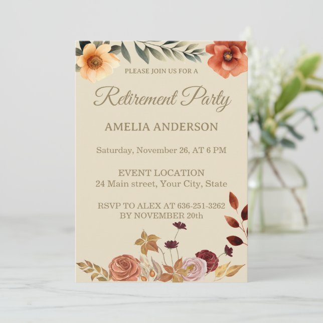 Autumn watercolor leaves floral retirement party invitation (Standing Front)