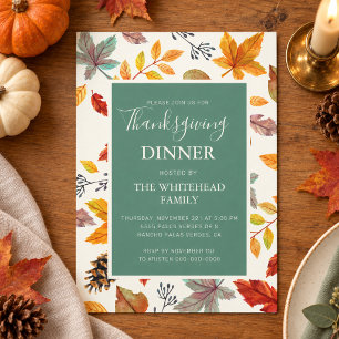 Autumn Watercolor Leaves Green Thanksgiving Dinner Invitation