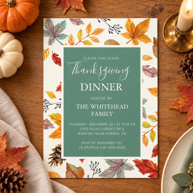Autumn Watercolor Leaves Green Thanksgiving Dinner Invitation (Set the scene for a warm and inviting holiday gathering with this watercolor autumn leaves invite.)