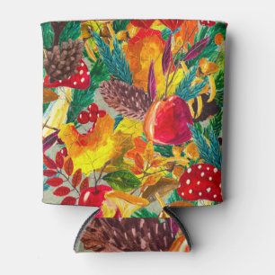 Autumn Watercolor Leaves Mushrooms Pattern Can Cooler