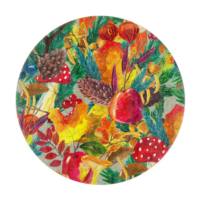 Autumn Watercolor Leaves Mushrooms Pattern Cutting Board (Front)