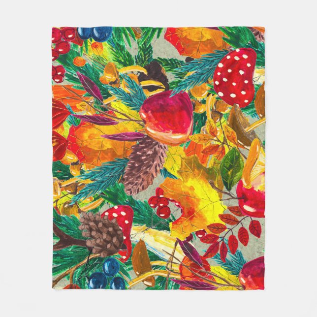 Autumn Watercolor Leaves Mushrooms Pattern Fleece Blanket (Front)