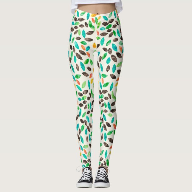 Autumn Watercolor Leaves Pattern Leggings (Front)