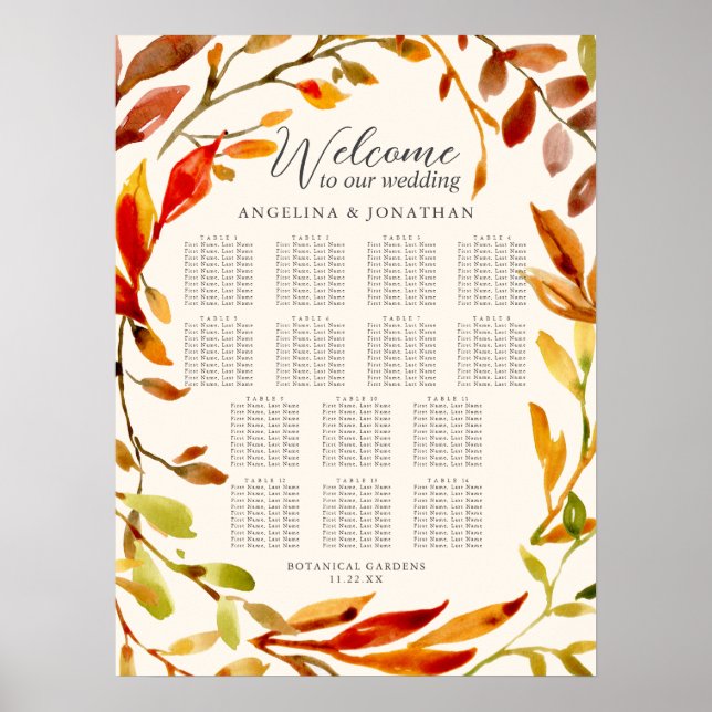Autumn Watercolor Leaves Wedding Seating Chart (Front)