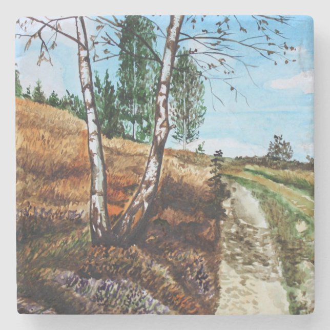 Autumn watercolor painting stone coaster (Front)