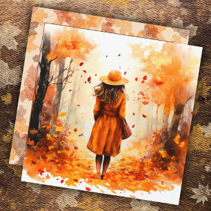 Autumn Watercolor Peaceful Girl Walking