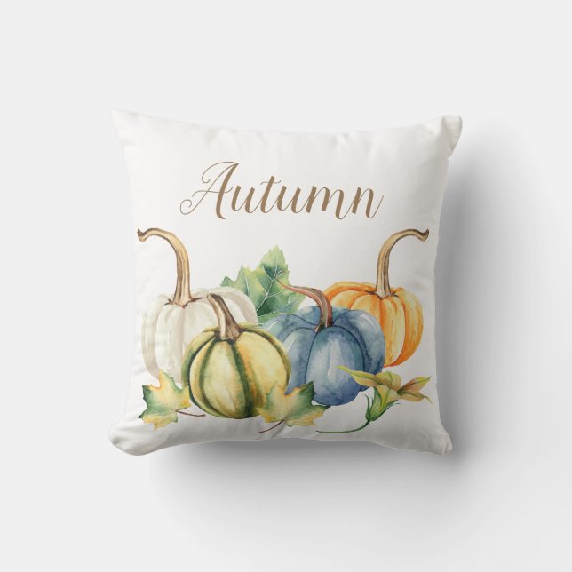Autumn Watercolor Pumpkin Blue White Orange Green Cushion (Front)