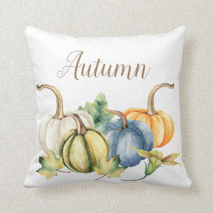 Autumn Watercolor Pumpkin Blue White Orange Green Cushion
