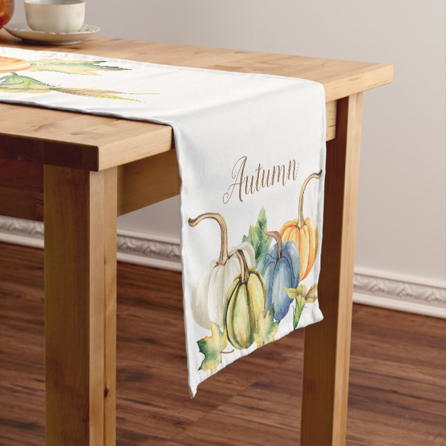 Autumn Watercolor Pumpkin Blue White Orange  Short Table Runner (In Situ)