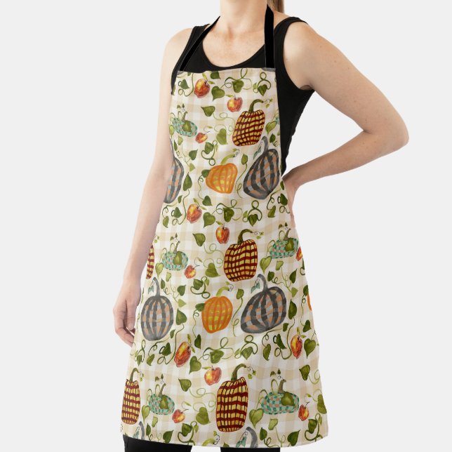 Autumn Watercolor Pumpkins Apples Ivy On Gingham  Apron (Insitu)