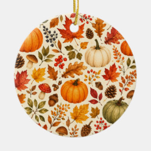 Autumn Watercolor Pumpkins, Fall Leaves & Woodland Ceramic Tree Decoration